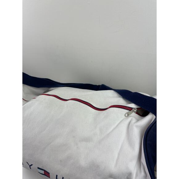 TOMMY HILFIGER Canvas Spellout Duffle Bag White Blue Weekender Sports Travel VTG - Picture 5 of 7